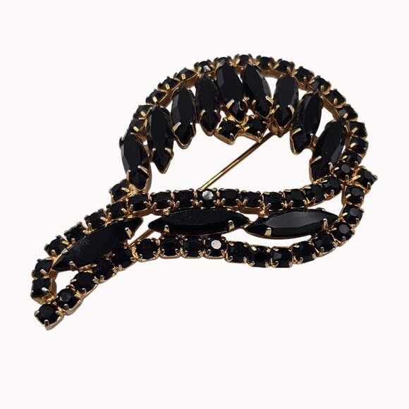 Gold Tone Black Navette Brooch Prong Set Rhinestone Unsigned Swirl Pin Fashion - Picture 3 of 14